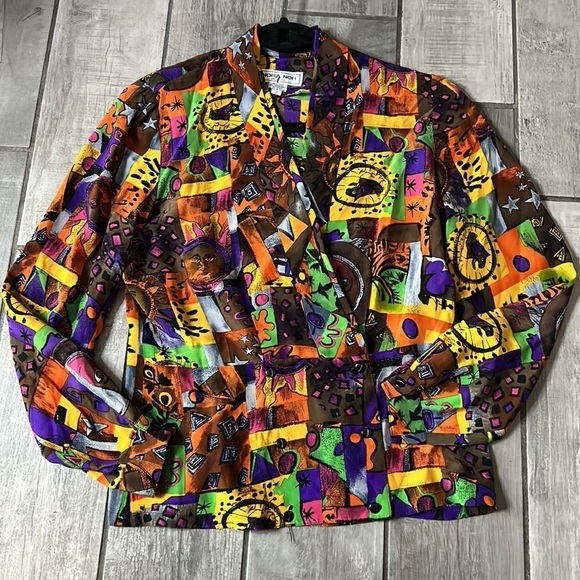 Vintage Nora Noh Silk V neck long sleeve art print blouse size 2 women’s - Picture 4 of 7
